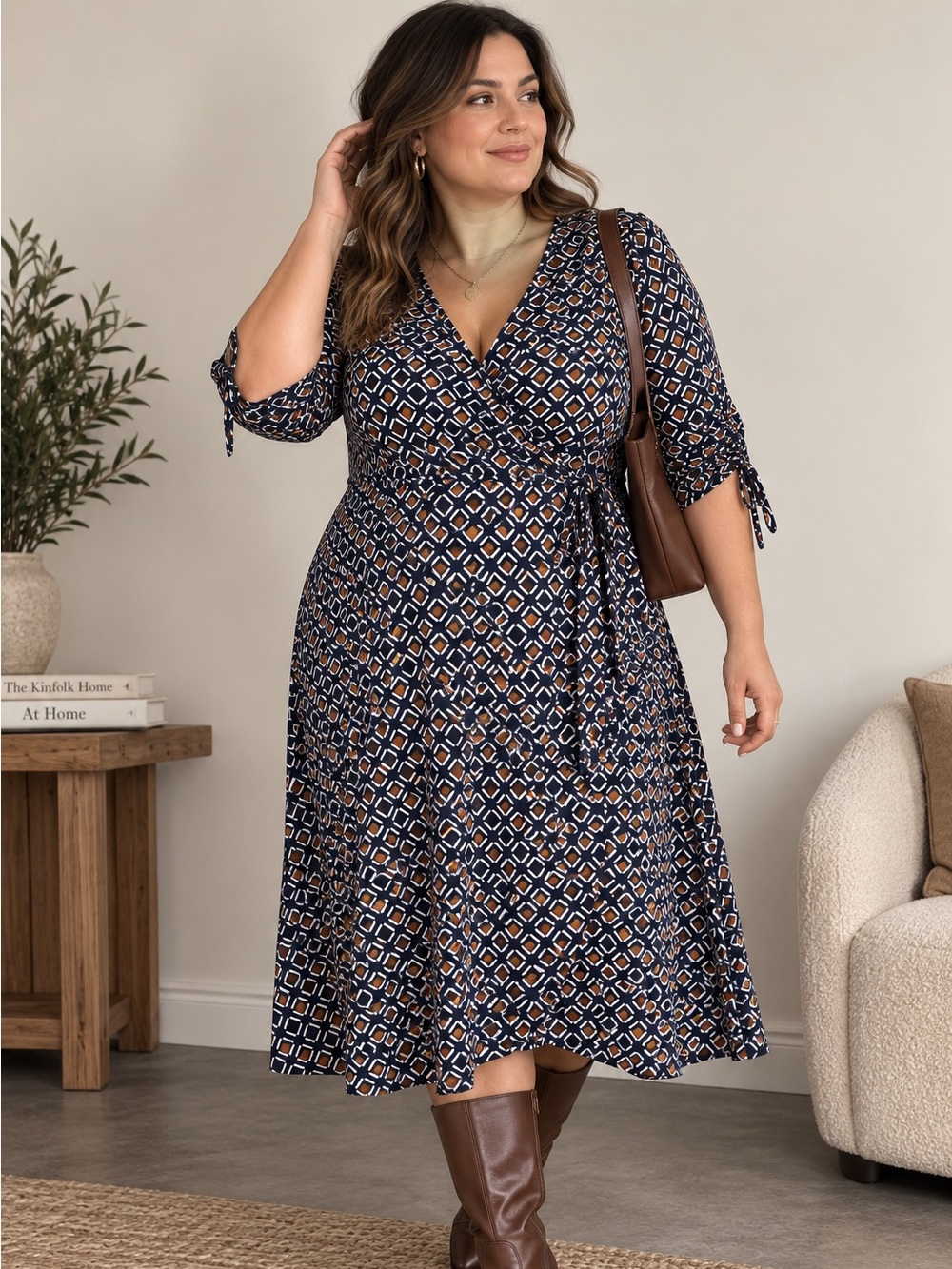 Penningtons Navy V Neck Geometric Print Faux Wrap Tie Waist Midi Dress